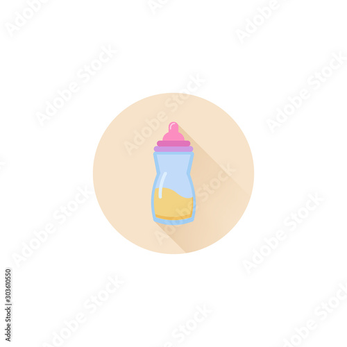 Baby milk bottle icon. Feeding bottle with soother colorful vector flat icon