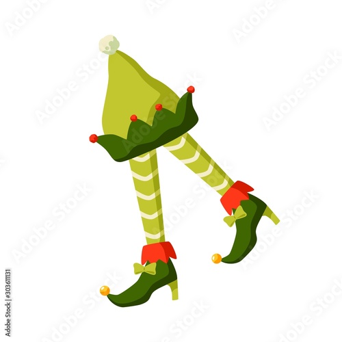 Christmas elf costume parts flat vector illustration. Little santa helper out...