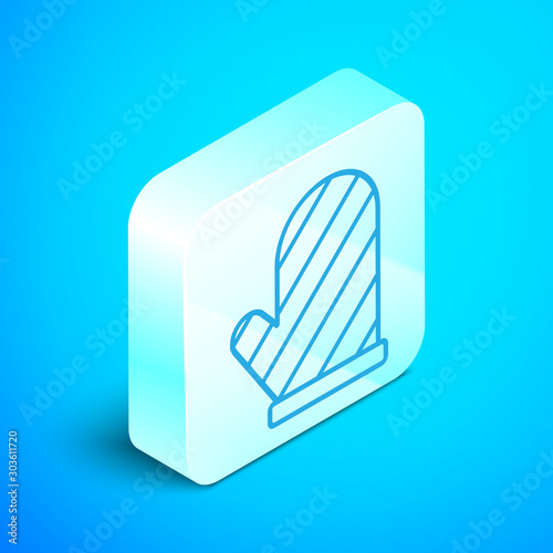 Isometric line Oven glove icon isolated on blue background. Kitchen potholder sign. Cooking glove. Silver square button. Vector Illustration