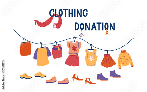Clothing donation. Lettering and vector illustration isolated on white background. Set of clothes, accessories and shoes for charity.  Mindful lifestyle. 