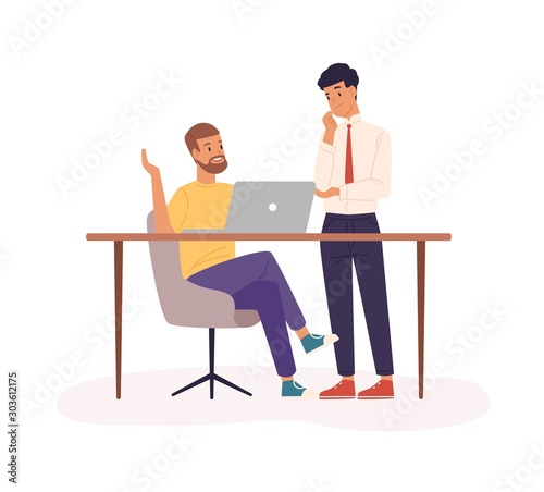Office work, partnership flat vector illustration. Company staff cooperation, business project planning. Co-workers cartoon characters. Employees in workstation isolated on white background.