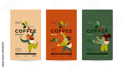 Specialty coffee packaging design concept. Set of labels, emblem for hand roasted coffee beans. Vector illustration of happy pickers are harvesting ripe red berries. Mockup for pack, ad, presentation.