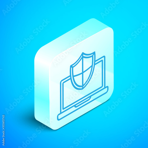 Isometric line Laptop protected with shield icon isolated on blue background. PC security, firewall technology, privacy safety. Silver square button. Vector Illustration