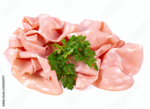 thin slices of mortadella ham isolated on white photo