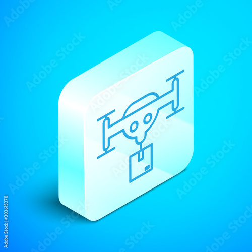 Isometric line Delivery drone with the package icon isolated on blue background. Drone delivering cardboard box. Silver square button. Vector Illustration
