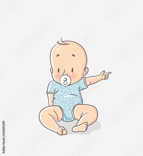 Cute little baby sitting on floor and pointing his finger. Vector illustration