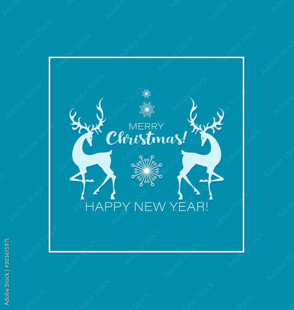 Christmas and New Year design with silhouettes deers. Stylized animals , isolated on blue background, and calligraphic inscription. Winter holiday greeting card, poster.