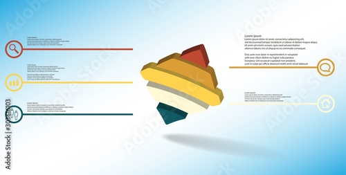 3D illustration infographic template with embossed bent rhomb horizontally divided to five parts askew arranged