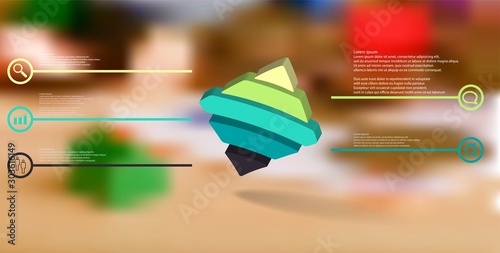 3D illustration infographic template with embossed bent rhomb horizontally divided to five parts askew arranged