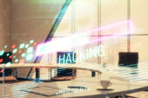 Double exposure of hacking theme hologram on conference room background. Concept of cyberpiracy