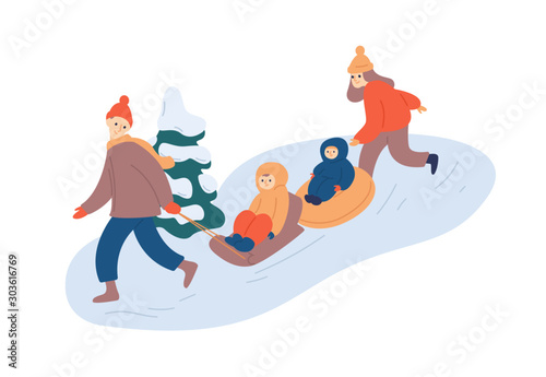 Family sledging fun flat vector illustration