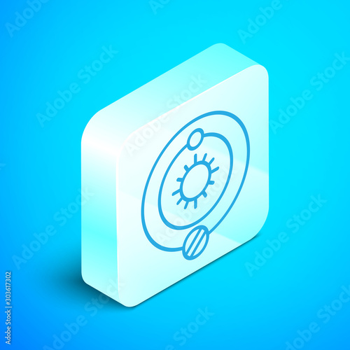 Isometric line Solar system icon isolated on blue background. The planets revolve around the star. Silver square button. Vector Illustration