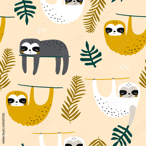 Seamless childish pattern with funny sloths. Creative kids texture for fabric, wrapping, textile, wallpaper, apparel. Vector illustration
