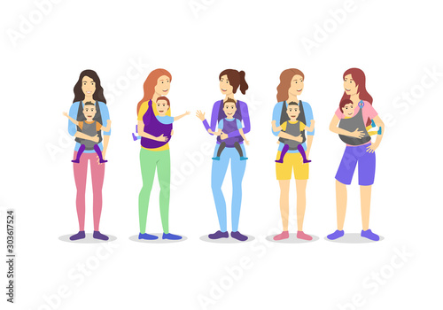 Cartoon Color Characters People Mother and Child Babies in Sling Ring Concept. Vector