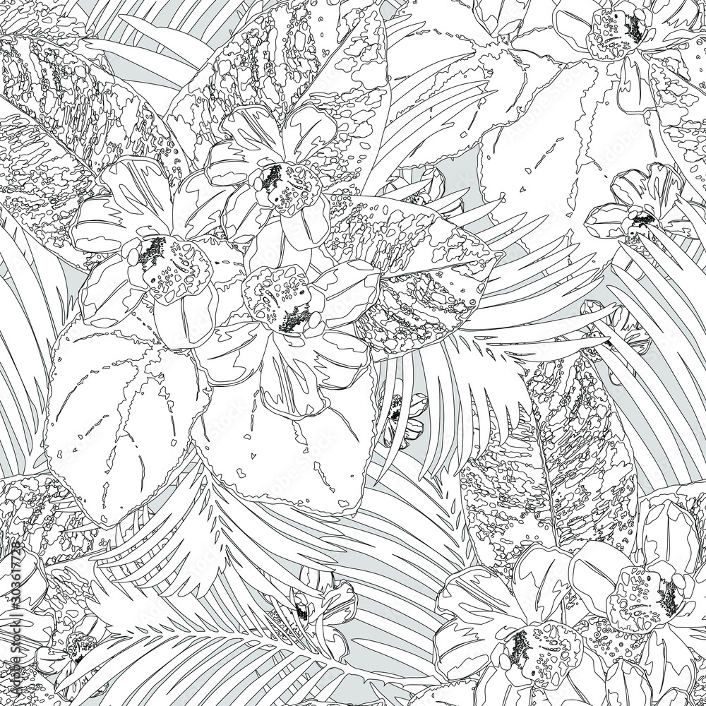 Seamless tropical pattern with palm leaves and exotic flowers.  Graphic vector background.