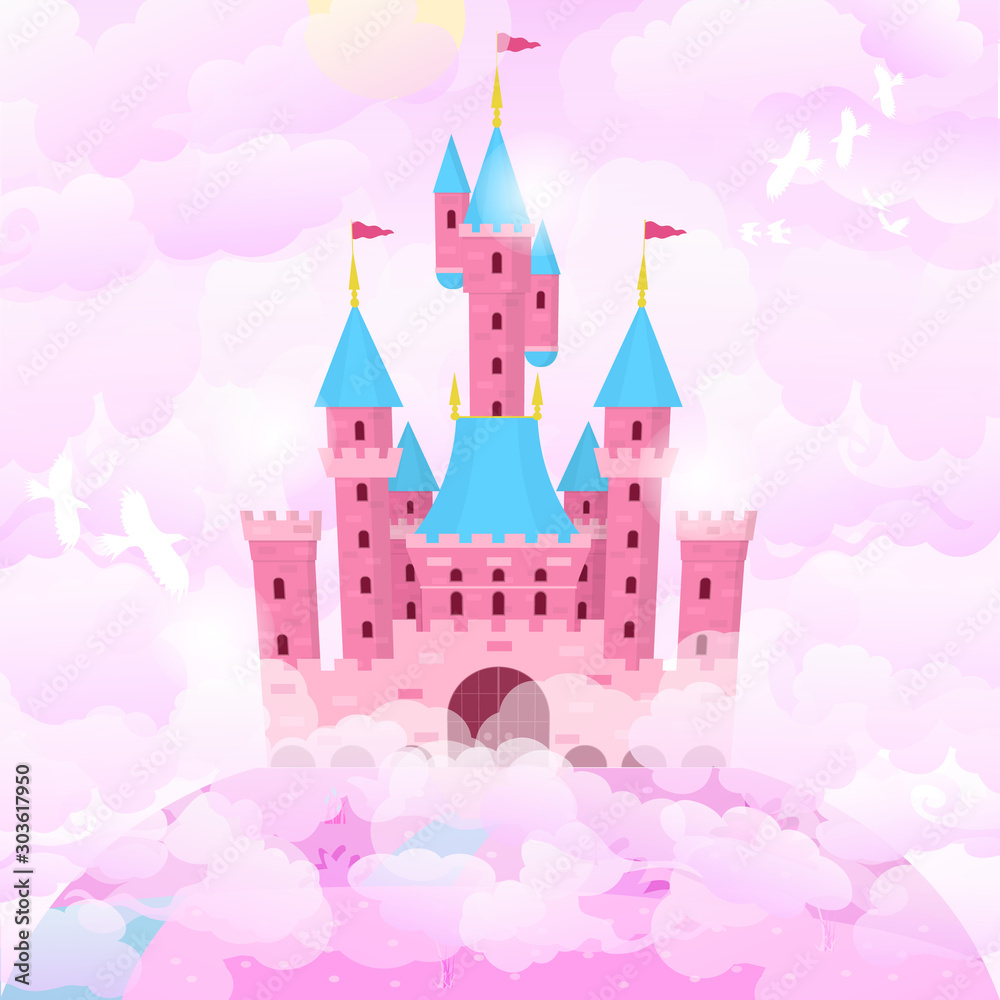 Cartoon Color Castle Princess Building on a Landscape Background Scene. Vector