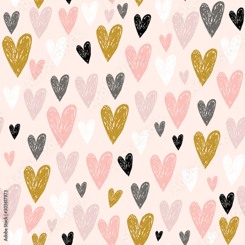 Seamless childish pattern with pink hand drawn hearts.Creative scandinavian kids texture for fabric, wrapping, textile, wallpaper, apparel. Vector illustration