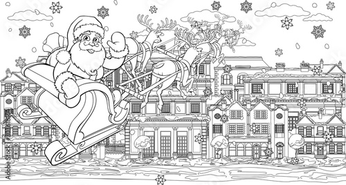 Christmas street scene with Santa Claus in Christmas sleigh with reindeer flying over Victorian style houses, shops and other buildings in the snow. In outline like a coloring book page illustration