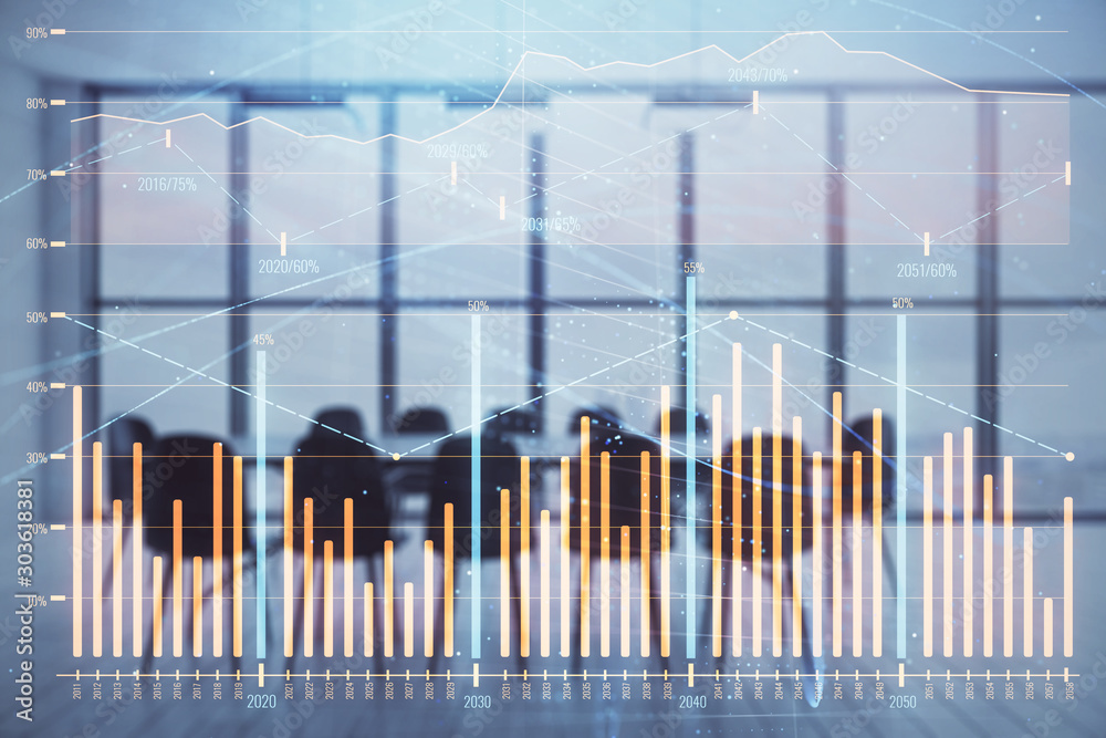 Multi exposure of stock market graph on conference room background. Concept of financial analysis Multi exposure of stock market graph on conference room background. Concept of financial analysis