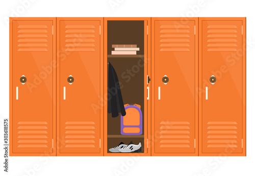 Cartoon Color Metal School Lockers with One Open. Vector