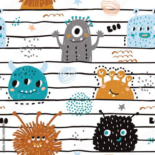 Seamless pattern with cute monsters. Creative childish texture for fabric, wrapping, textile, wallpaper, apparel. Vector illustration