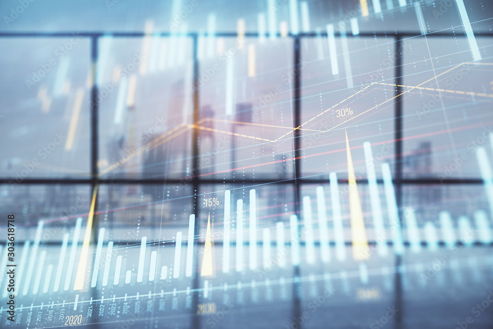 Double exposure of financial chart on empty room interior background. Forex market concept. Double exposure of financial chart on empty room interior background. Forex market concept.