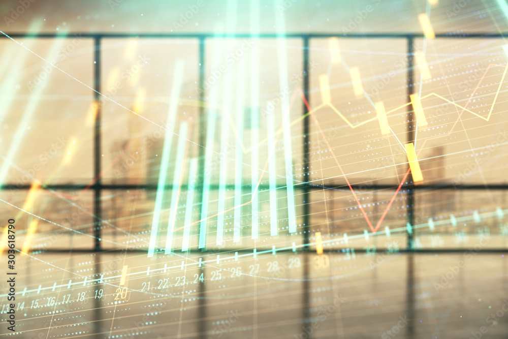Double exposure of financial chart on empty room interior background. Forex market concept. Double exposure of financial chart on empty room interior background. Forex market concept.