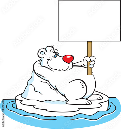 Cartoon illustration of a polar bear laying on an iceberg while holding a sign.