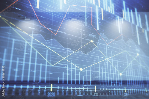 Double exposure of financial graph on empty room interior background. Forex market concept.