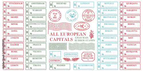 Set of vintage textured grange christmas stamp rubber with holiday symbols in red, green and blue colors All European capitals For xmas greeting card, invitations, web banner, sale flyers retro design