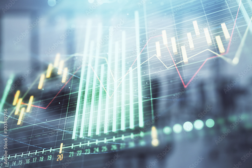 Stock and bond market graph with trading desk bank office interior on background. Multi exposure. Concept of financial analysis Stock and bond market graph with trading desk bank office interior on background. Multi exposure. Concept of financial analysis