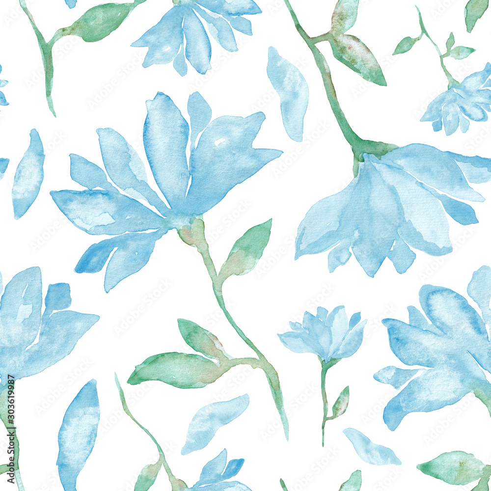 Fototapeta Duży niebieski kwiat akwarela malarstwo - ręcznie rysowany wzór w kwiaty na białym tle