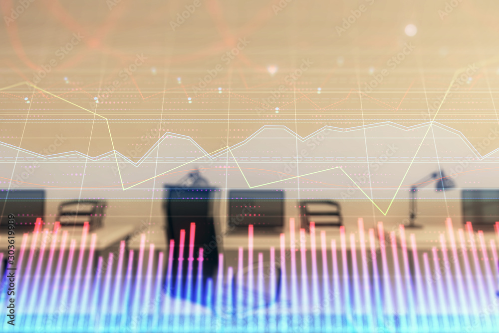 Stock and bond market graph with trading desk bank office interior on background. Multi exposure. Concept of financial analysis Stock and bond market graph with trading desk bank office interior on background. Multi exposure. Concept of financial analysis