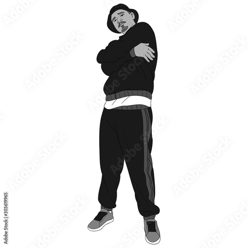 comic illustration of a breakdancer with a training suit looking at his camera with his arms crossed. hiphop, oldschool, gray, black, white.