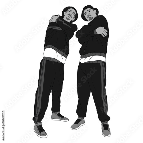 black and white vector illustration of two oldschool hip hop breakdancers posing in b-boystand with arms folded. gray, cool, sport, suit.