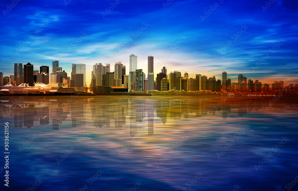 abstract spring sunrise background with blue sky and panorama of Vancouver