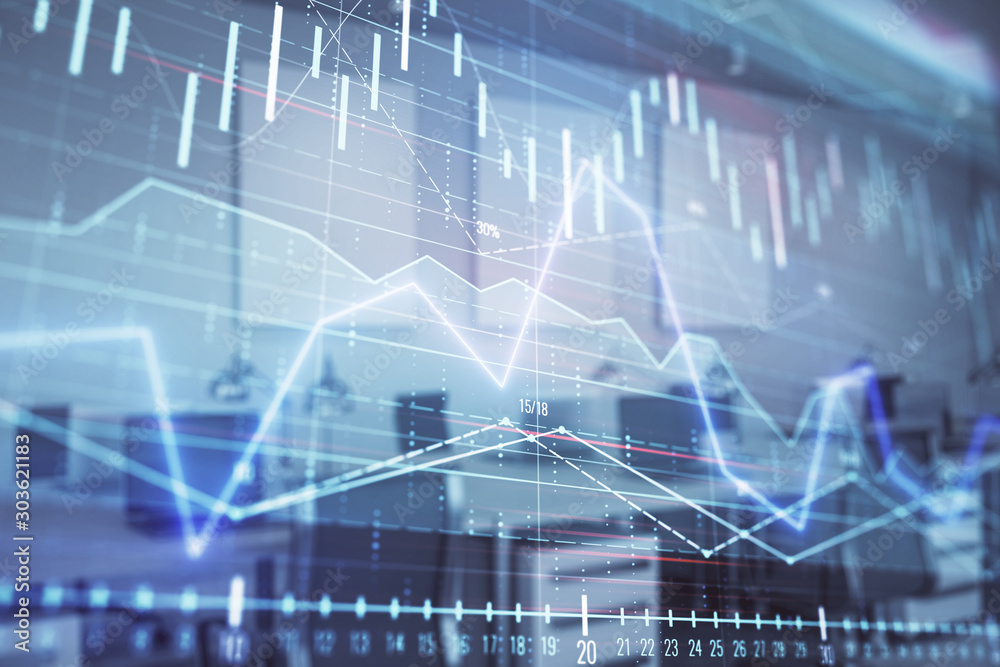 Fotografie Stock market chart with trading desk bank office interior on background