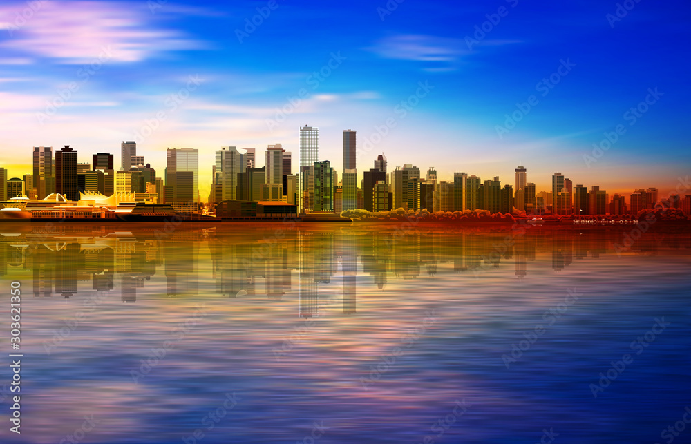 abstract spring sunset background with blue sky and panorama of Vancouver