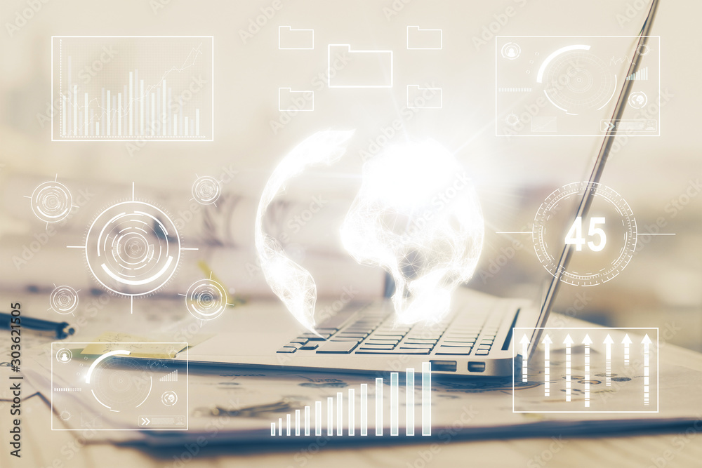 Forex Chart hologram on table with computer background. Double exposure. Concept of financial markets. Forex Chart hologram on table with computer background. Double exposure. Concept of financial markets.