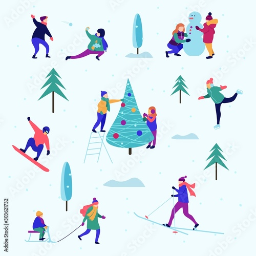 Winter pattern or background with people performing activities vector illustration. Young female and male characters skiing, skating, sledging in park flat style design. Happy holidays concept