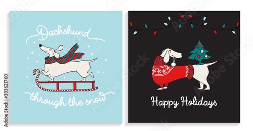 Dachshund christmas greeting happy cards set vector illustration. Template with smiling x-mas dog enjoying winter holidays in cozy and warm clothes flat style design. New year concept © Microstocker.Pro
