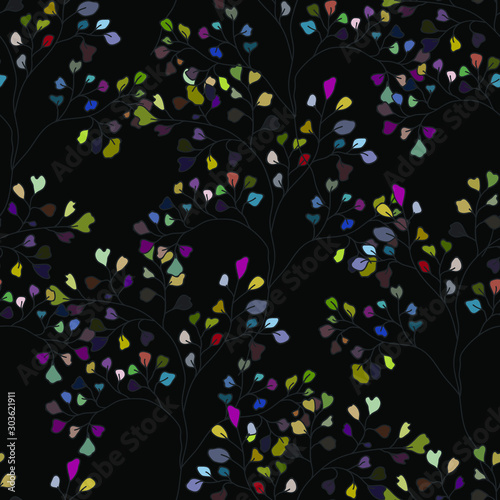 Floral seamless  of small leaf., endless pattern on dark background  Seamless pattern can be used for wallpaper and textile, pattern fills, web page background, surface textures.