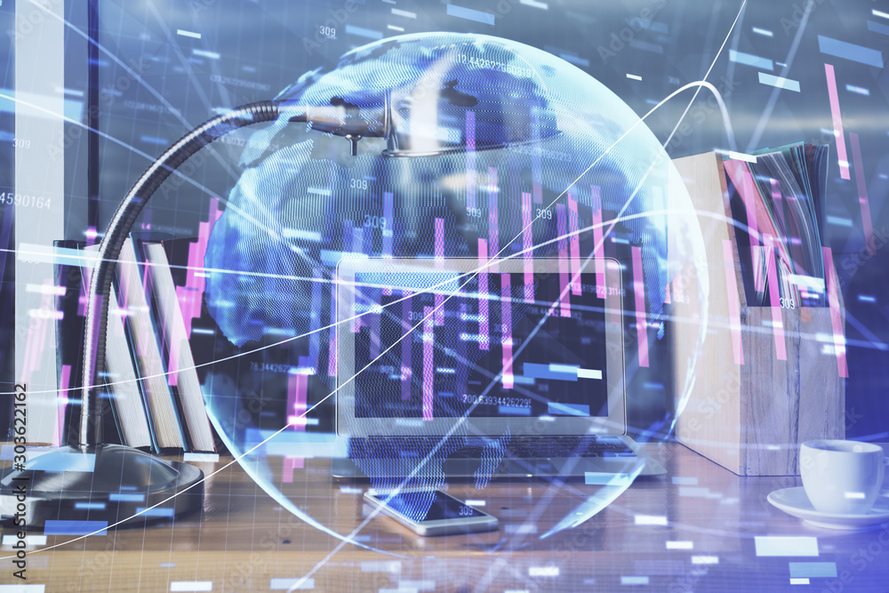 Multi exposure of chart and financial info and work space with computer background. Concept of international online trading. Multi exposure of chart and financial info and work space with computer background. Concept of international online trading.