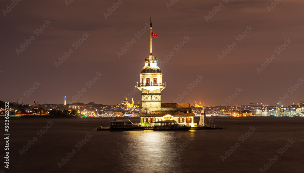 The Maiden's Tower and night lights of Istanbul, Turkey