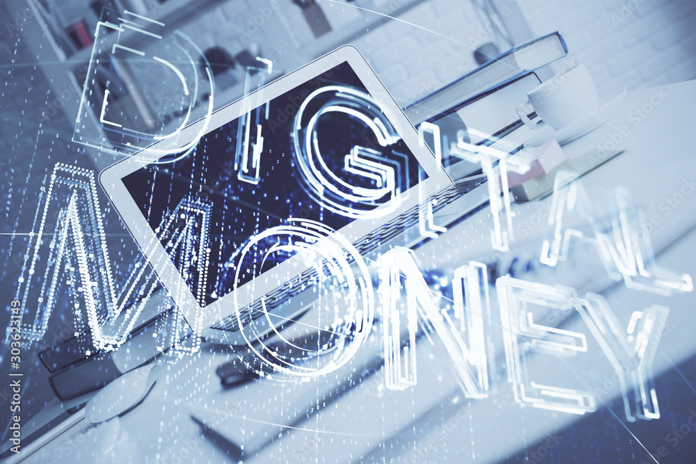 Multi exposure of blockchain theme hologram and table with computer background. Concept of bitcoin crypto currency. Multi exposure of blockchain theme hologram and table with computer background. Concept of bitcoin crypto currency.
