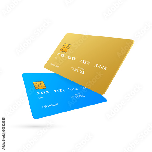 Blue and gold simple credit card template on white background. Vector Illustration.