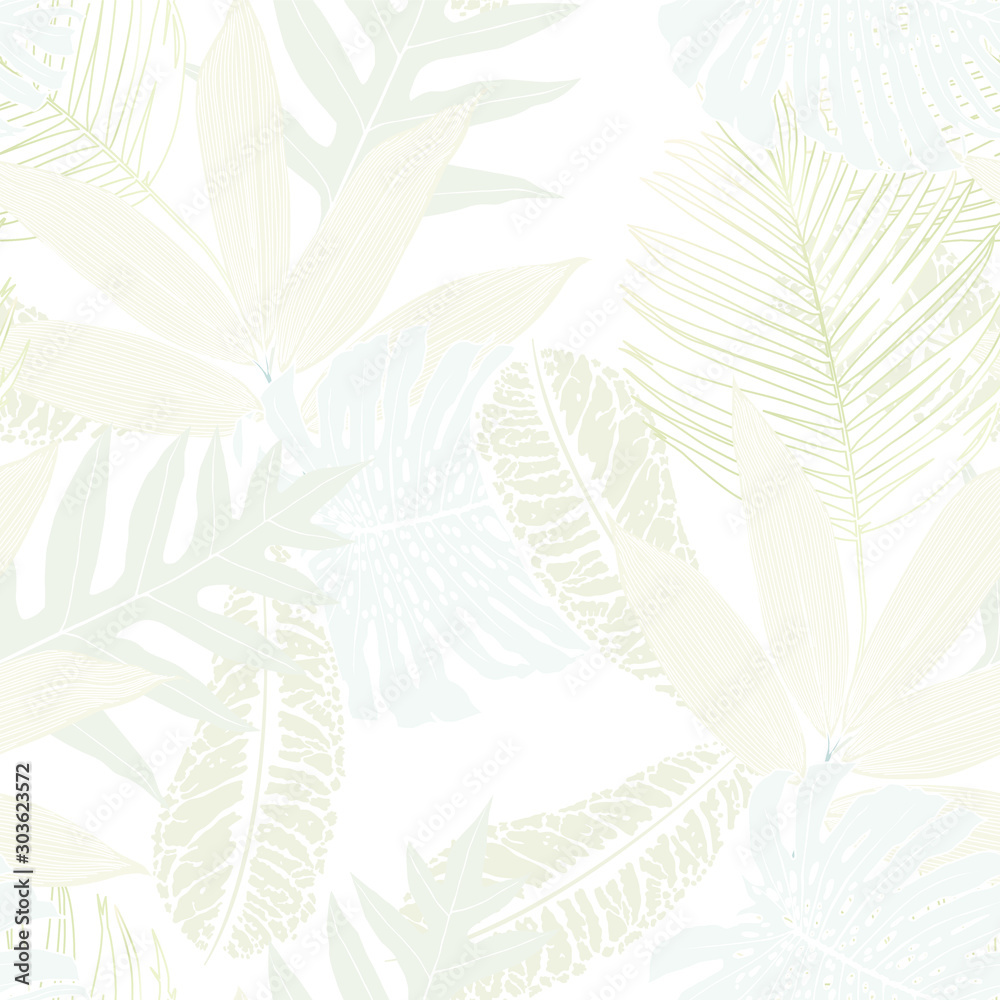 Fototapeta premium Seamless tropical pattern with leaves. Graphic vector background.