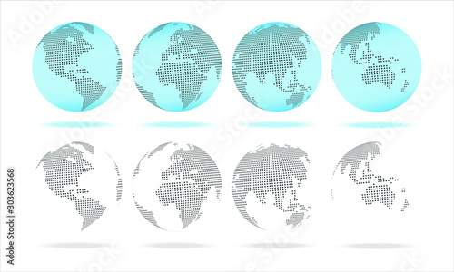 3D globe wordmap dotted. Globe Set of transparent globes of Earth. Realistic world map in globe shape with transparent texture and shadow. Vector dotted