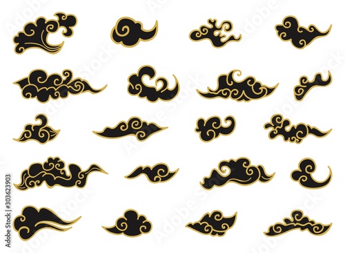 Set of black and golden clouds in chinese style vector illustration. Collection with traditional oriental cloudy ornament with sky shapes in flat design on white background