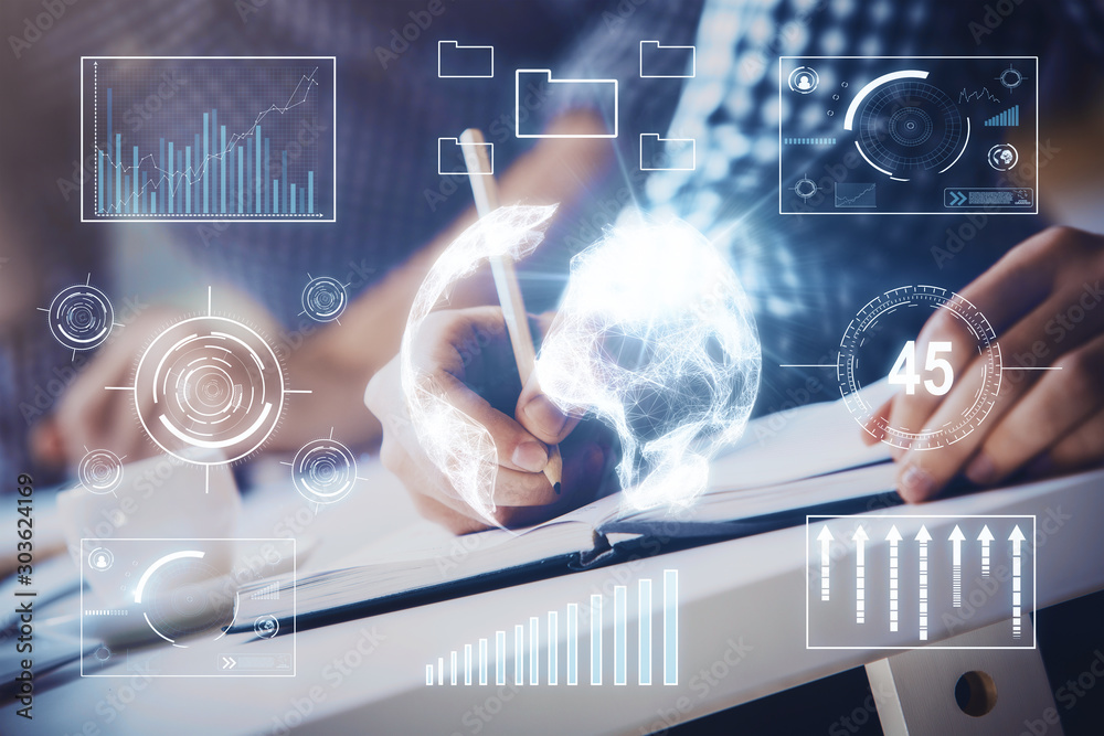 Multi exposure of two men planing investment with stock market forex chart. Multi exposure of two men planing investment with stock market forex chart.